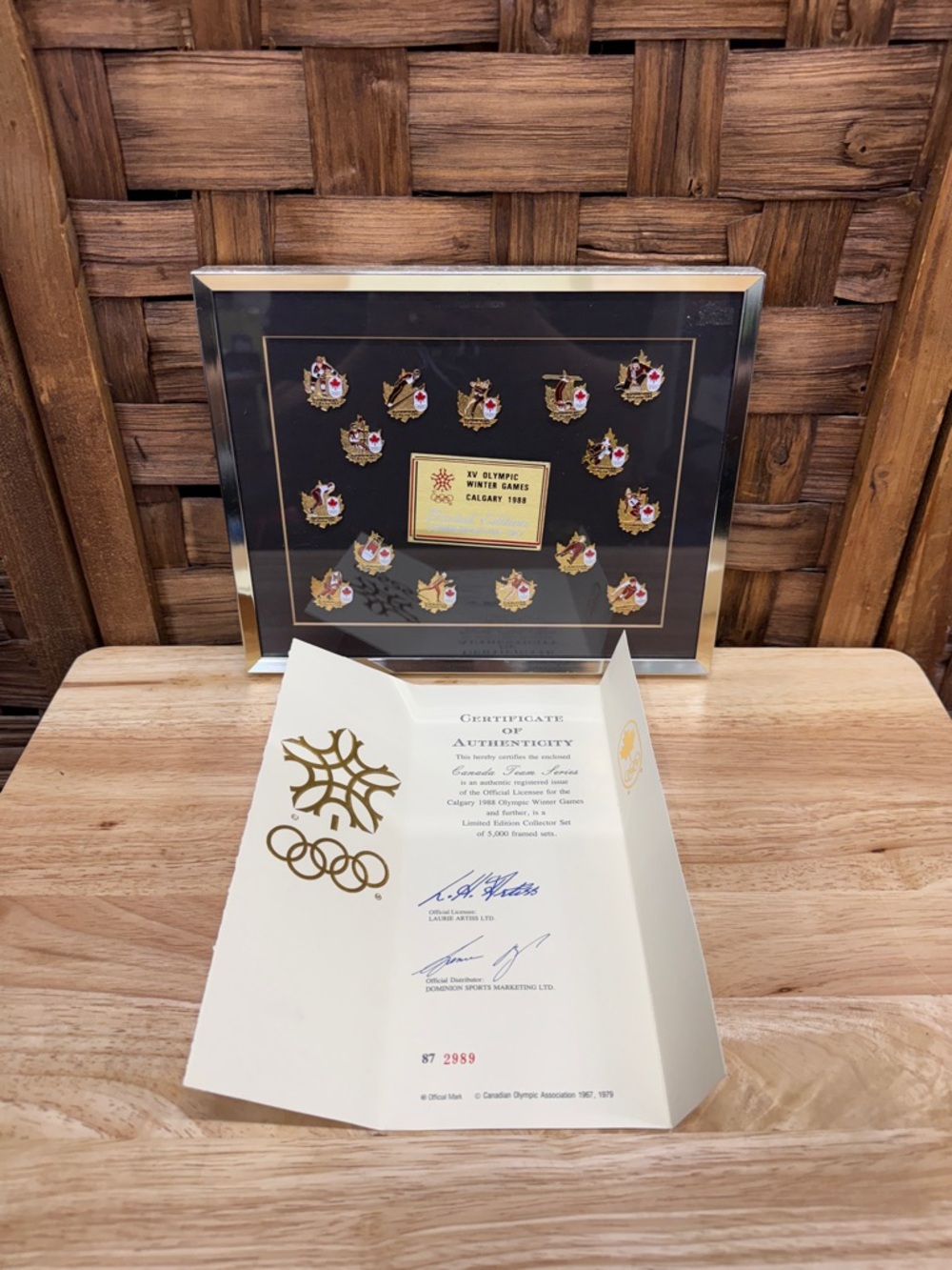 1998 Calgary Olympic Pin Display - Black & Gold Framed Set